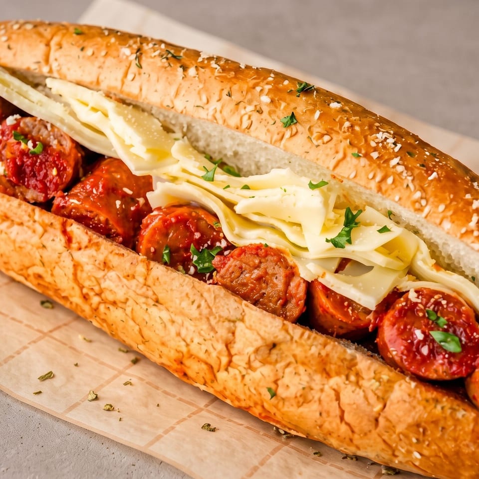 Sesame-seeded sub sandwich filled with saucy sliced meatballs, melted cheese, and parsley on a paper-lined board.