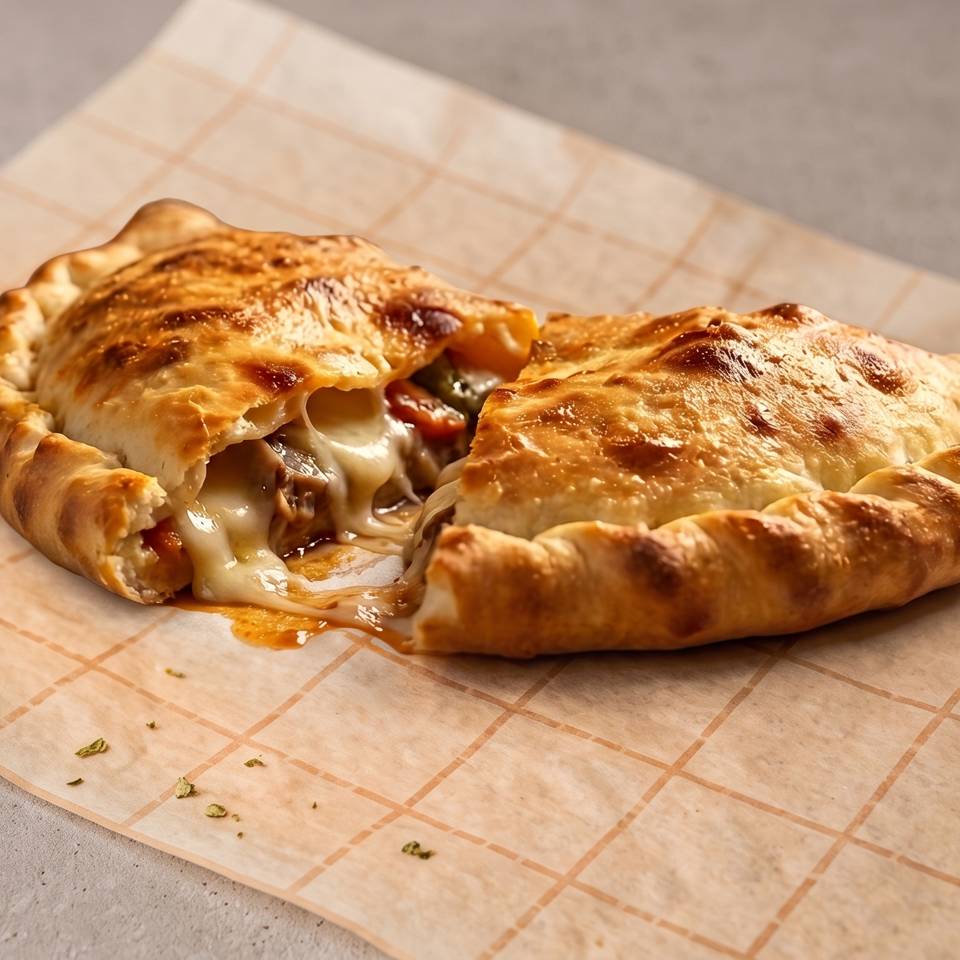 Golden-brown calzone split open to reveal melted cheese and savory filling on checkered parchment paper.