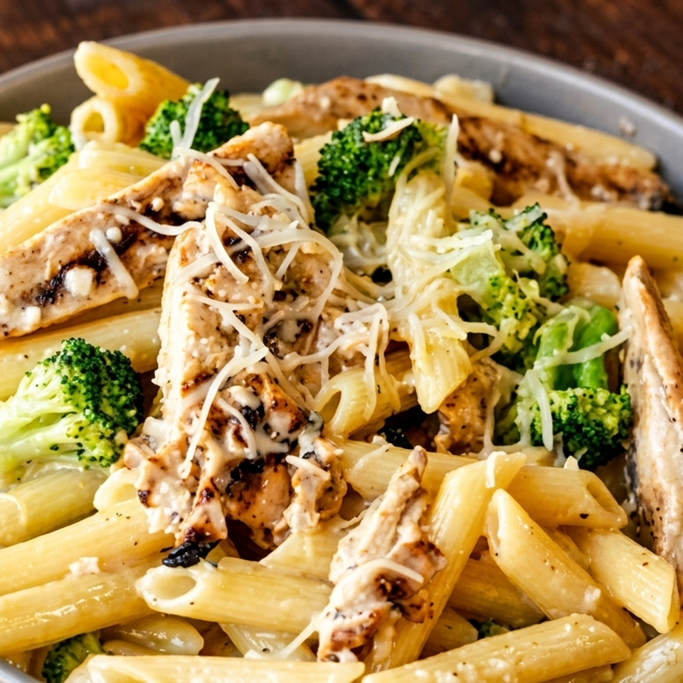 Penne pasta with grilled chicken, broccoli, and creamy sauce, topped with shredded cheese in a gray bowl.