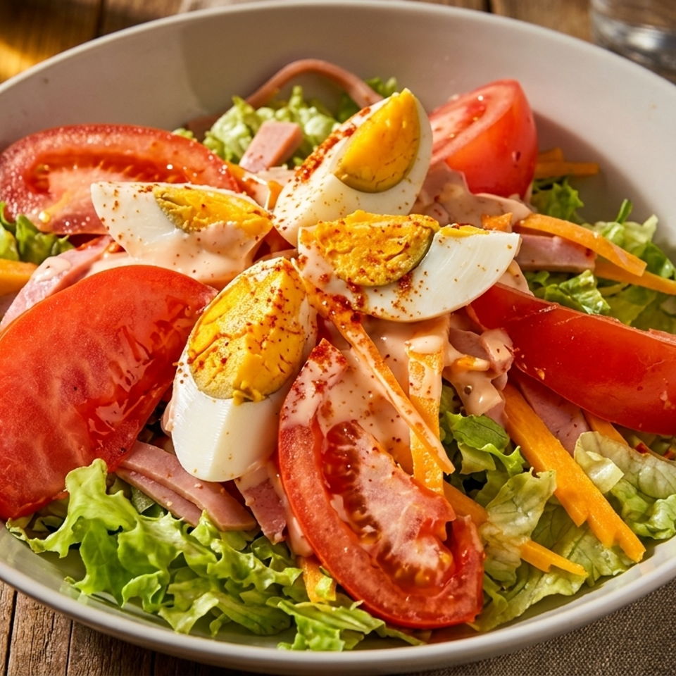 A vibrant chef salad with lettuce, tomatoes, hard-boiled eggs, ham, and carrots in a white bowl.