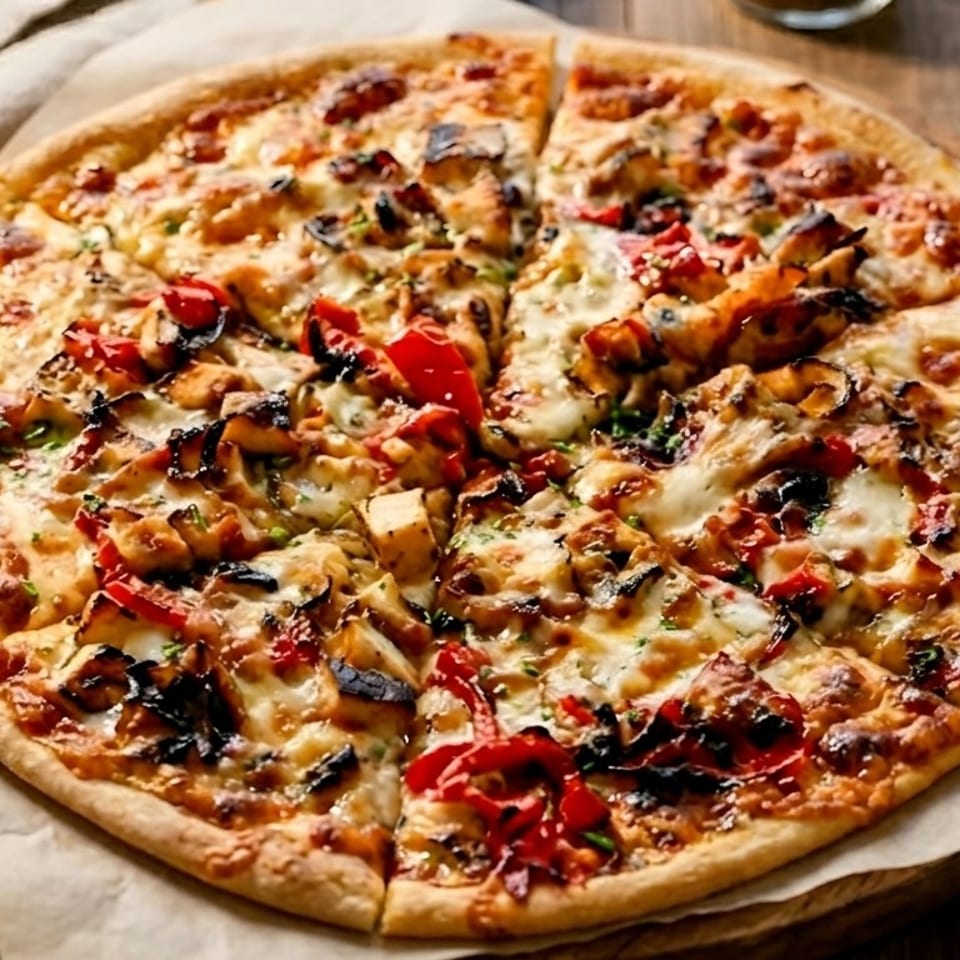 Thin-crust pizza topped with melted cheese, mushrooms, peppers, tomatoes, and herbs on parchment over a wooden table.
