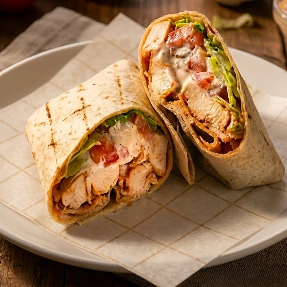 Two grilled chicken wraps filled with lettuce, tomatoes, and creamy sauce on a plate, with dipping sauce on a rustic wooden table.