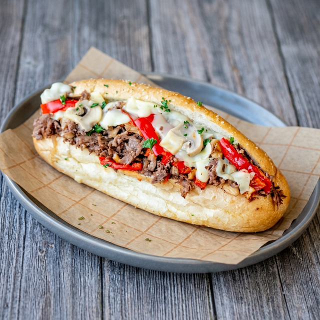 Steak Tips, Peppers & Onions Sub.