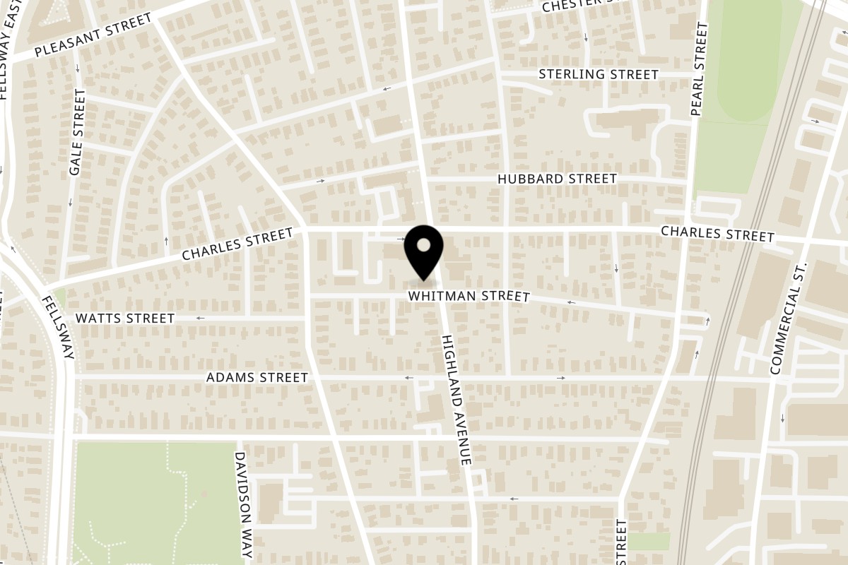 Map showing the location of Big A Sub Shop on 282 Highland Ave in Malden